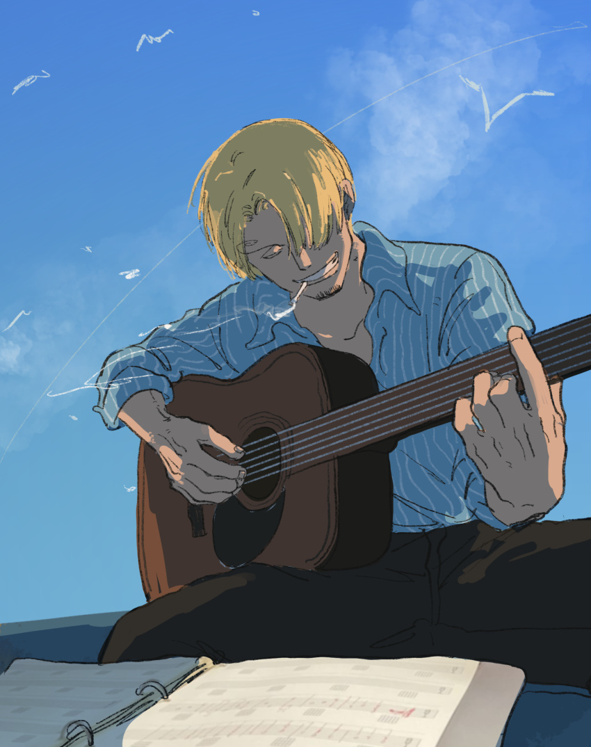1boy, bird, blonde_hair, cigarette, closed_eyes, facial_hair, fengcheche, goatee