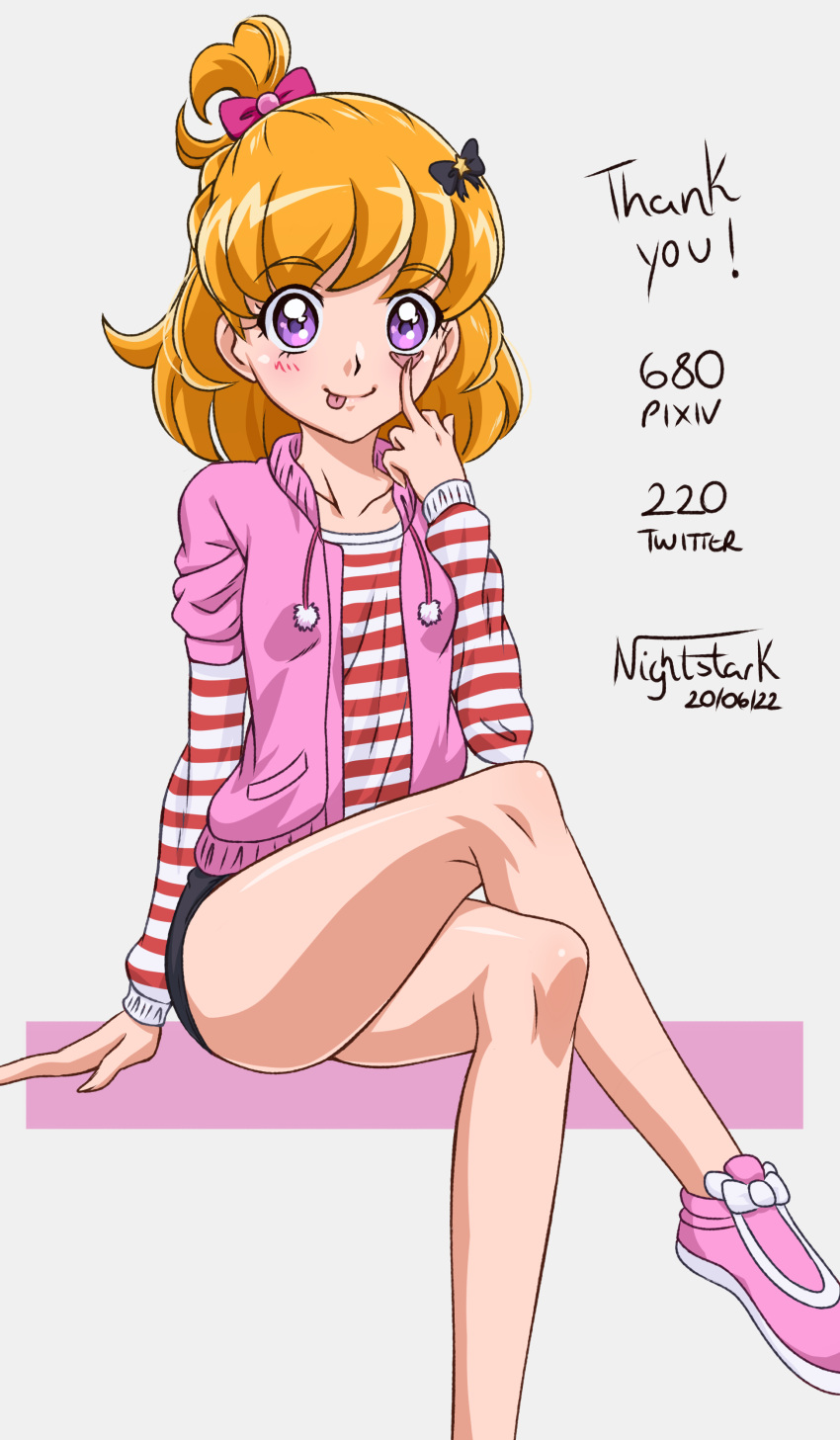 1girl, :p, absurdres, artist_name, asahina_mirai, bare_legs, black_shorts, blonde_hair