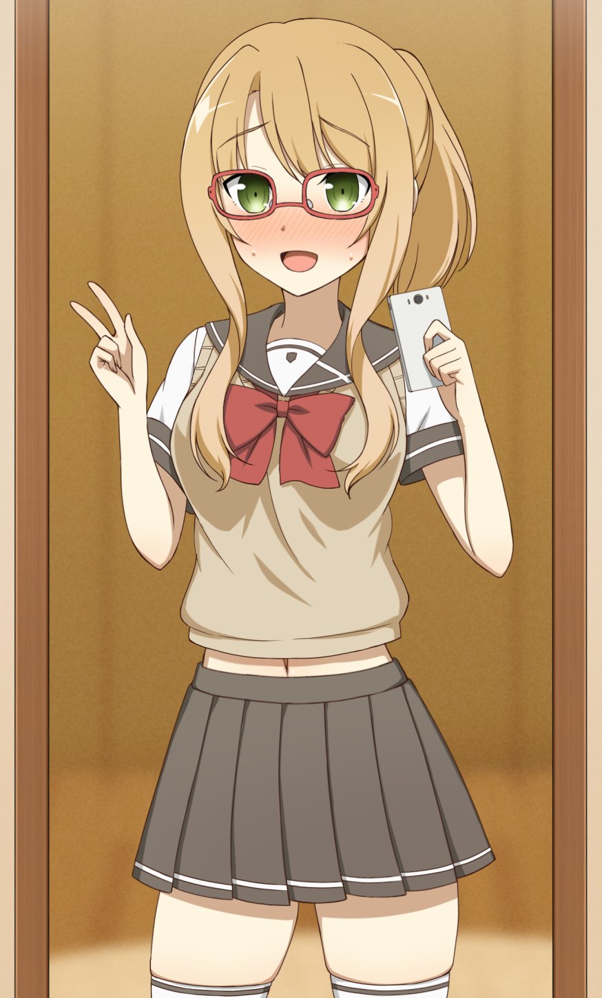 1girl, alternate_hairstyle, bespectacled, blonde_hair, blush, glasses, green_eyes, highres