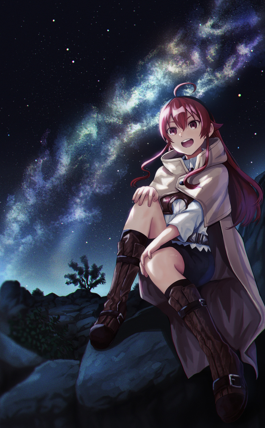 1girl, :d, absurdres, ahoge, bangs, black_hairband, black_shorts, black_socks, boots, brown_footwear, coat, dress_shirt, eris_greyrat, full_body, hair_between_eyes, hairband, hands_on_own_knees, highres, knee_boots, konbanwa01, long_hair, long_sleeves, mushoku_tensei, night, open_mouth, outdoors, red_eyes, redhead, shiny, shiny_hair, shirt, short_shorts, shorts, sitting, sky, smile, socks, solo, star_(sky), starry_sky, very_long_hair, white_shirt