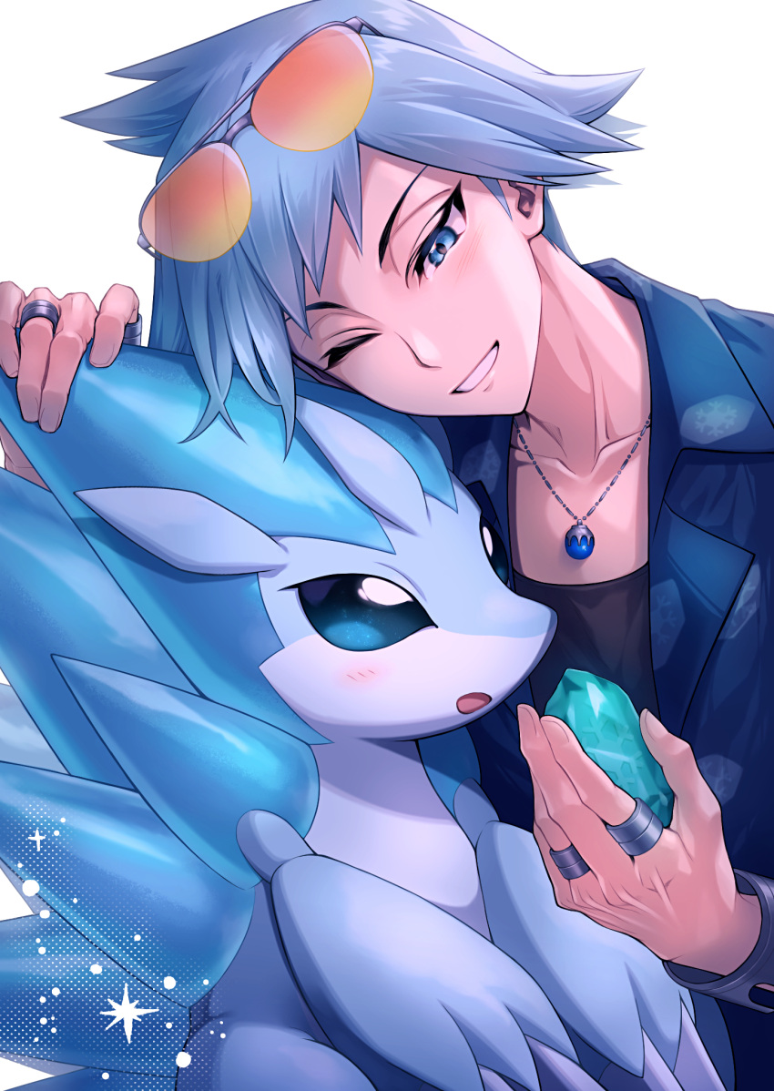 1boy, alolan_sandslash, bangs, black_shirt, blank_eyes, blue_eyes, blue_gemstone, blue_hair