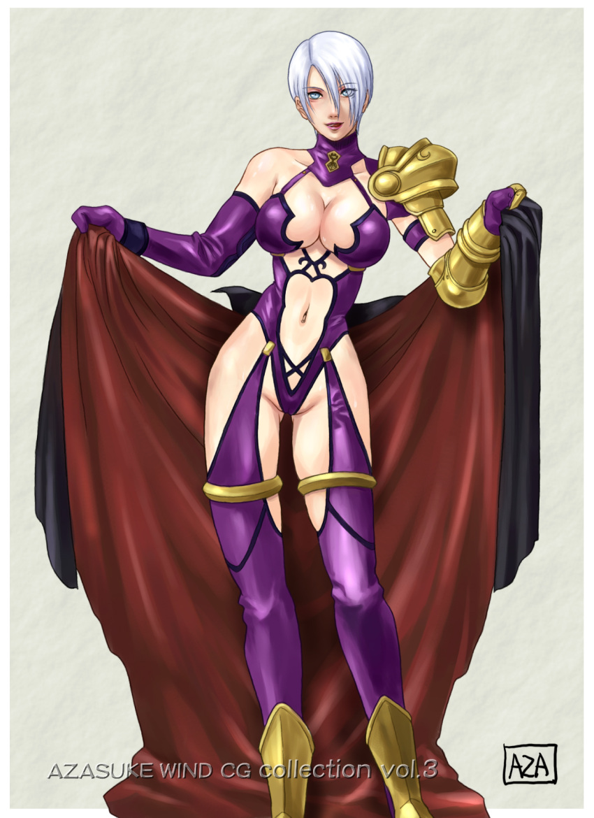 1girl, asymmetrical_gloves, azasuke, azasuke_wind, blue_eyes, breasts, cleavage, eye_visible_through_hair