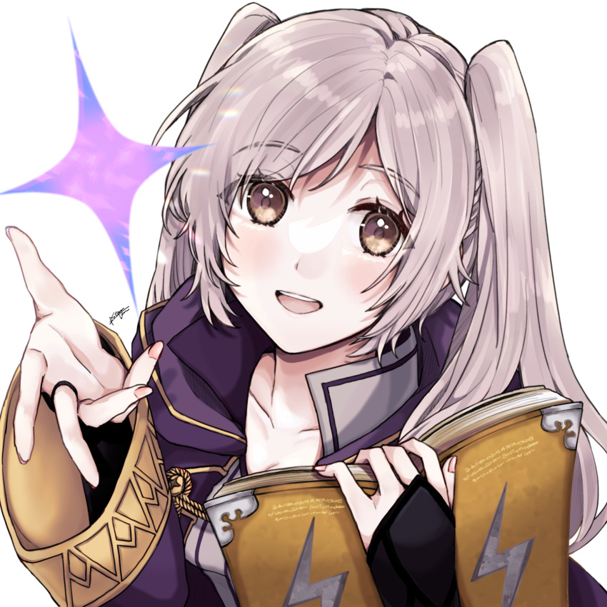 1girl, :d, book, brown_eyes, collarbone, fire_emblem, fire_emblem_awakening, grey_hair, highres, holding, holding_book, lightning_bolt_symbol, long_hair, long_sleeves, looking_at_viewer, misato_hao, open_book, open_mouth, robe, robin_(fire_emblem), robin_(fire_emblem)_(female), simple_background, smile, solo, star_(symbol), twintails, white_background