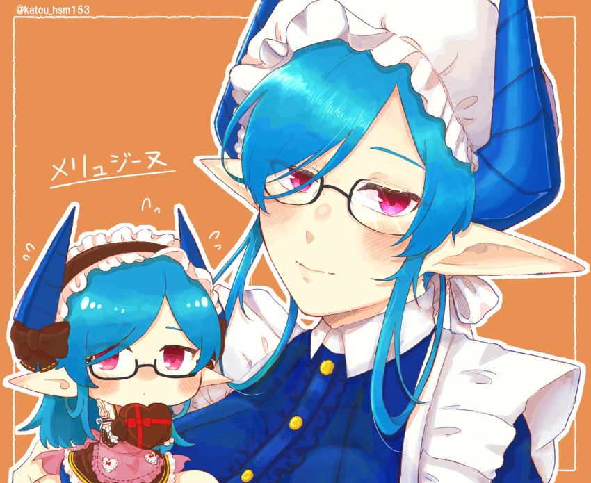 1girl, apron, black-framed_eyewear, blue_hair, blue_horns, blush, box, breasts
