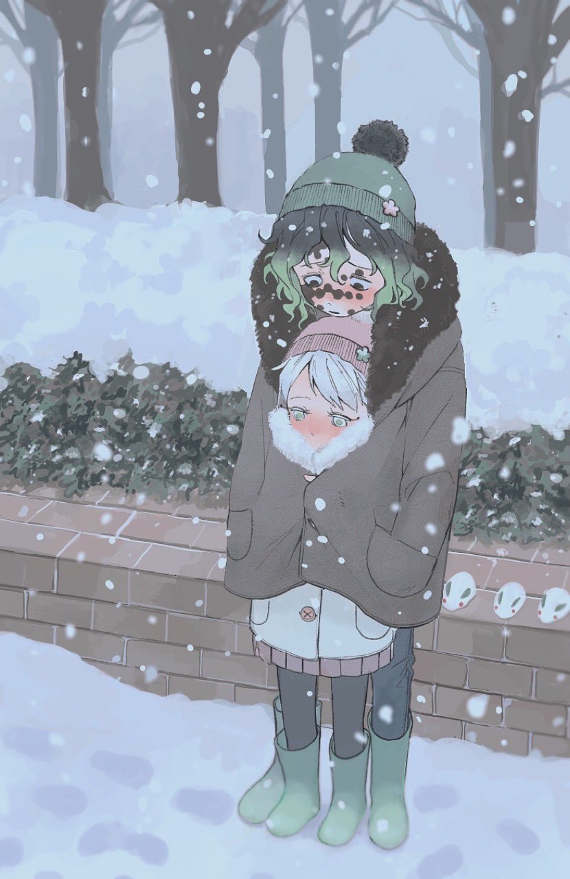 1boy, 1girl, alternate_universe, beanie, black_hair, black_pantyhose, blush, boots, brother_and_sister, coat, cold, contemporary, covered_mouth, daki_(kimetsu_no_yaiba), facial_mark, female_child, flower, footprints, full_body, fur-trimmed_coat, fur_trim, gradient_hair, green_eyes, green_footwear, green_hair, green_headwear, grey_coat, gyuutarou_(kimetsu_no_yaiba), hands_in_pockets, hat, hat_flower, highres, kimetsu_no_yaiba, koyubi_(cyxmbzh0anvefto), long_sleeves, looking_at_another, looking_away, looking_down, male_child, miniskirt, multicolored_hair, outdoors, pants, pantyhose, pink_headwear, planter, pleated_skirt, pom_pom_(clothes), shared_clothes, shared_coat, short_hair, siblings, skirt, snow, snowing, standing, tree, two-tone_hair, wavy_hair, white_coat, white_hair, winter