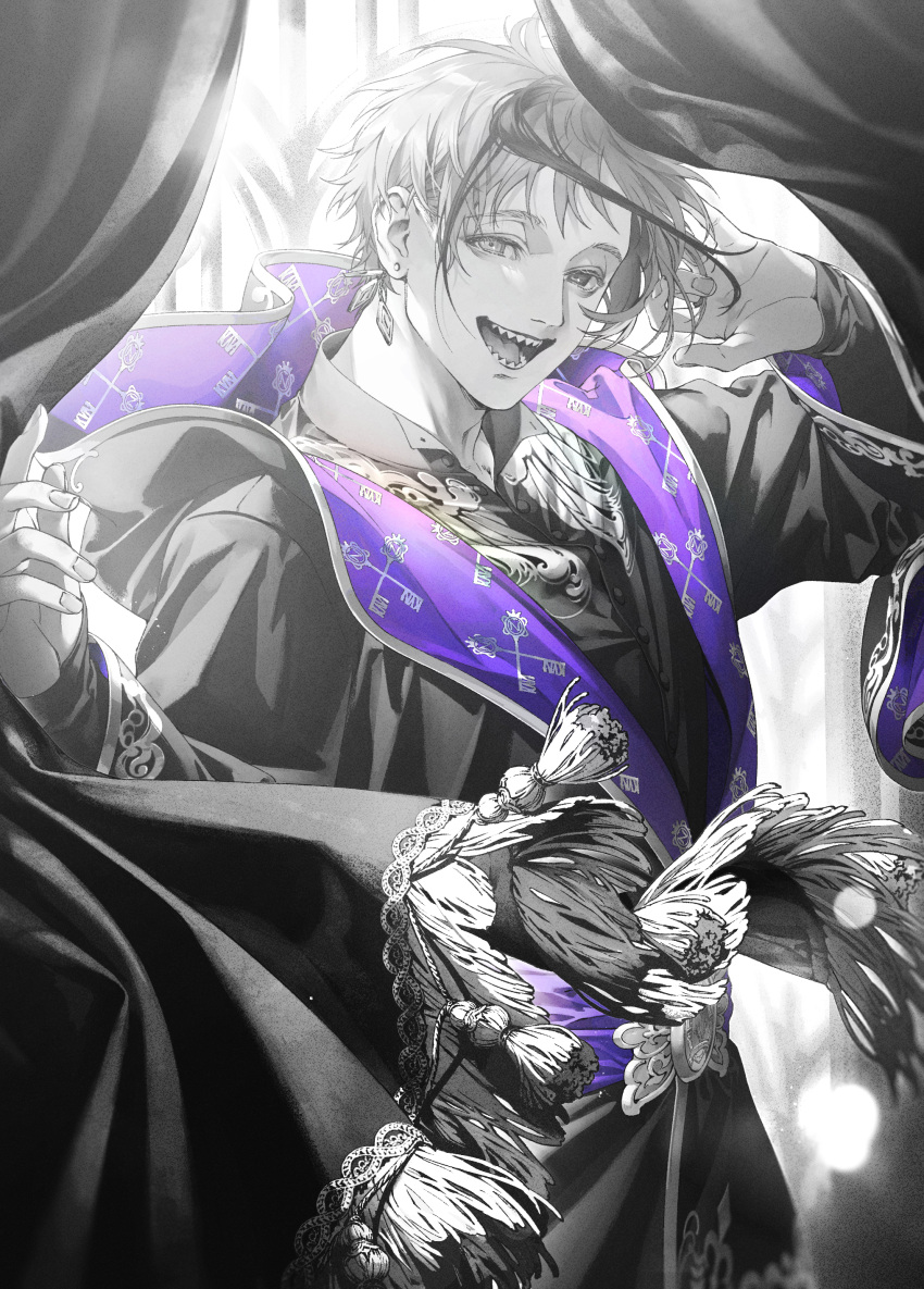 1boy, :d, absurdres, bangs, coat, collared_shirt, curtains, earrings