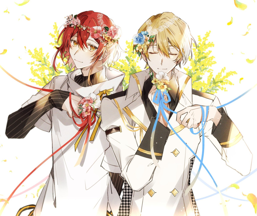 2boys, black_shirt, black_sweater, blonde_hair, blue_flower, blue_ribbon, blue_rose, buttons