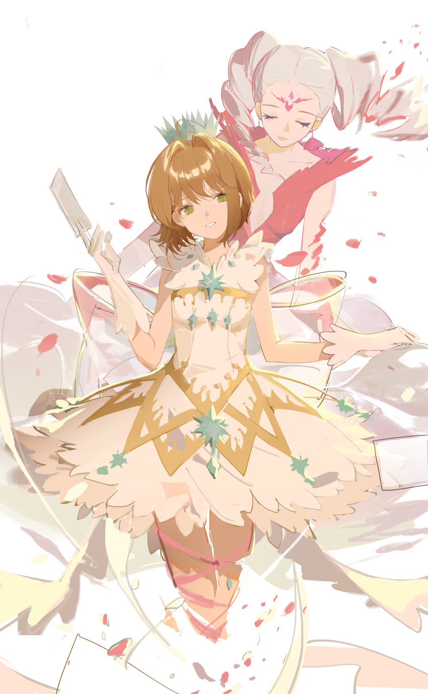 2girls, absurdres, bangs, brown_hair, cardcaptor_sakura, clamp_(circle)_(style), closed_eyes, crown