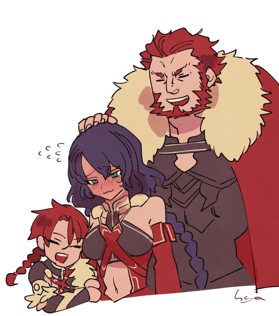 1girl, 2boys, alexander_(fate), aqua_eyes, arm_hug, beard, blush, braid