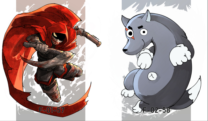 big_and_will_be_bad_wolf, cape, chibi, gun, highres, holding, holding_gun, holding_scythe