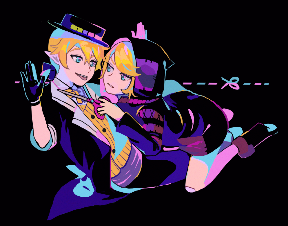 1boy, 1girl, arms_up, bangs, bent_over, black_background, black_gloves, blonde_hair, blue_eyes, bow, bowtie, eye_contact, eyebrows_hidden_by_hair, gloves, hair_between_eyes, holding, holding_scissors, kagamine_len, kagamine_rin, kneeling, lapels, long_sleeves, looking_at_another, neon_palette, notched_lapels, nunosei, parted_bangs, parted_lips, patch, pointy_ears, project_diva_(series), scissors, scissors_(module), short_sleeves, simple_background, tokyo_teddy_bear_(vocaloid), tongue, tongue_out, tricker_(module), vocaloid, yellow_bow, yellow_bowtie, yumekui_shirokuro_baku_(vocaloid)
