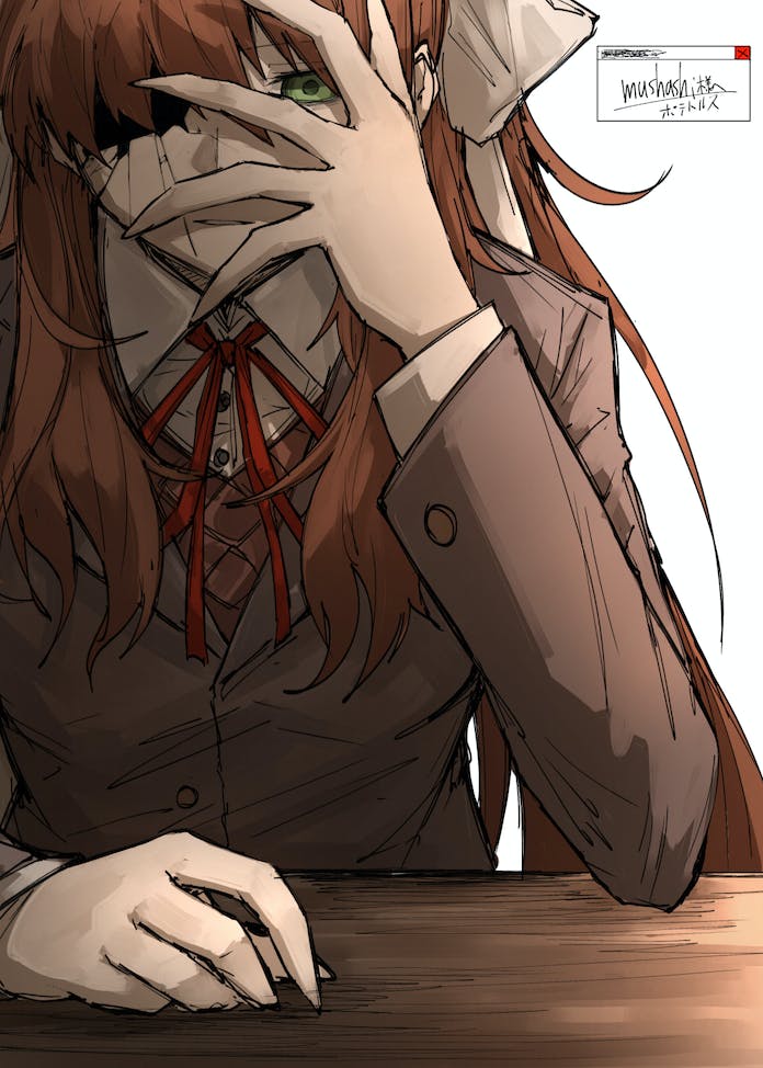 1girl, brown_hair, brown_jacket, brown_vest, commission, cracked_skin, doki_doki_literature_club, green_eyes, hand_up, jacket, kankan33333, long_hair, long_sleeves, monika_(doki_doki_literature_club), neck_ribbon, parted_lips, red_ribbon, ribbon, simple_background, skeb_commission, solo, vest, white_background