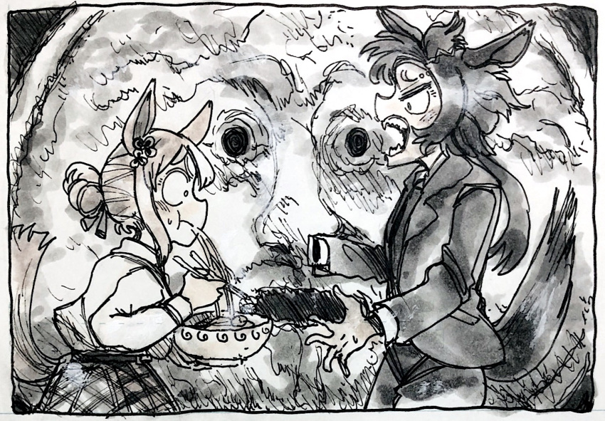 2girls, :t, air_shakur_(umamusume), animal_ears, bangs, bocca_della_verita, bowl, cosplay