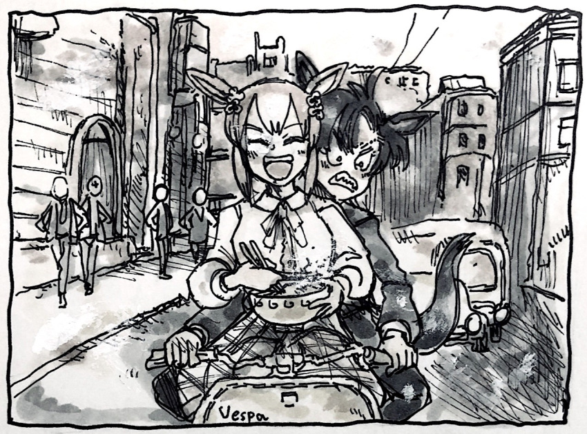 2girls, air_shakur_(umamusume), animal_ears, bangs, bowl, car, chopsticks, cityscape