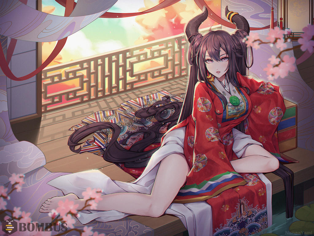 ao_nhat_binh, architecture, black_hair, east_asian_architecture, flower, horns, khan_van, long_hair, long_sleeves, nanaayami, original, sunlight, vietnamese_clothes, vietnamese_dress