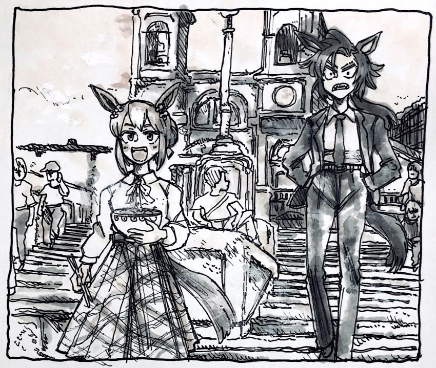 2girls, air_shakur_(umamusume), animal_ears, bangs, baseball_cap, bowl, chopsticks, cosplay