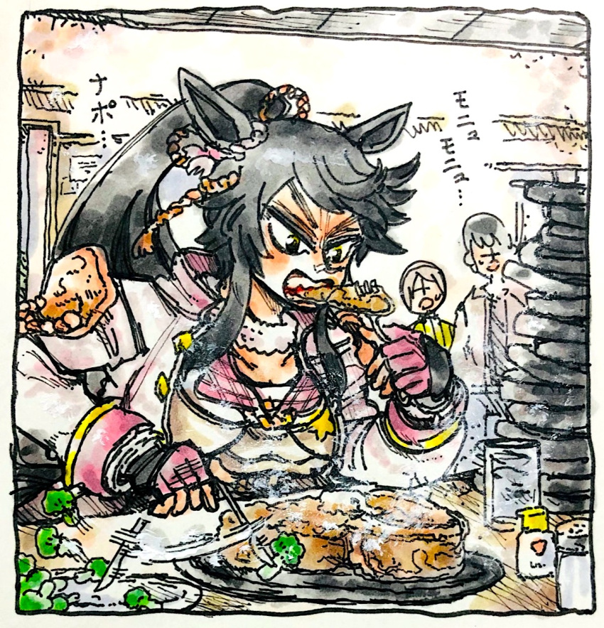1boy, 2girls, afterimage, animal_ears, black_hair, broccoli, collarbone, eating