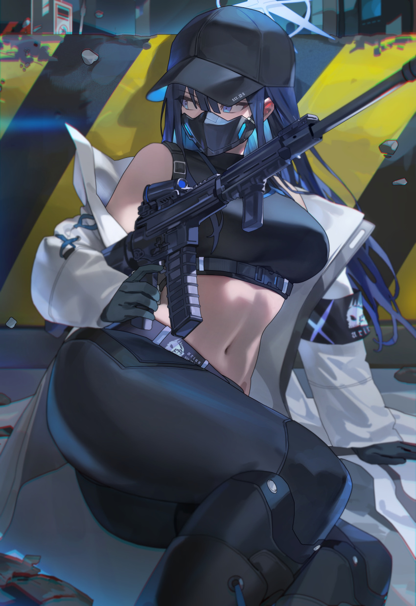 1girl, armband, bangs, bare_shoulders, baseball_cap, belt, black_footwear, black_gloves