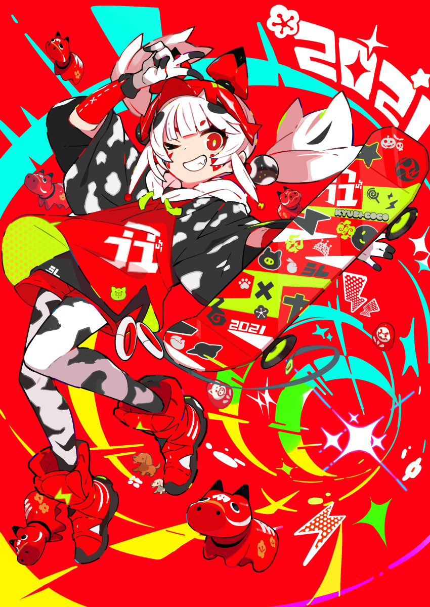 1girl, 2021, absurdres, animal_print, arm_up, bangs, black_hair, blunt_bangs