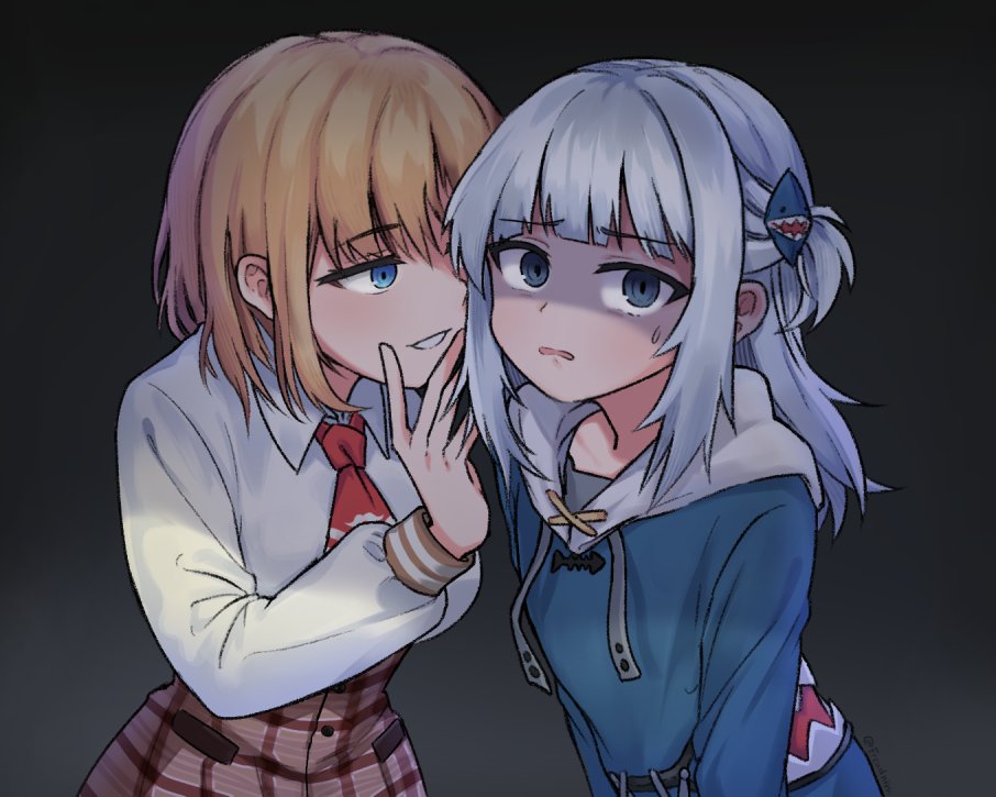 2girls, :d, animal_costume, bangs, blonde_hair, blue_eyes, blue_hair, blue_hoodie