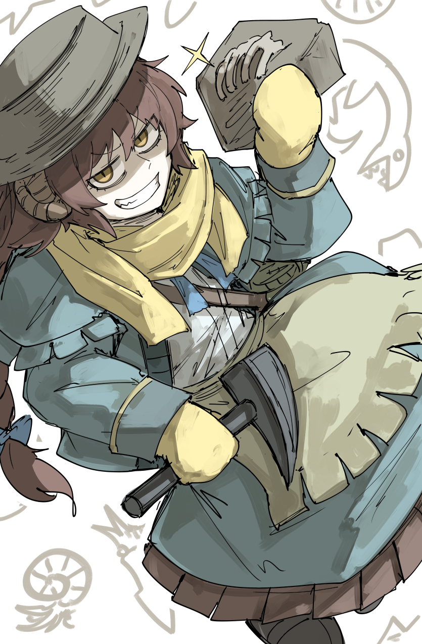 1girl, apron, bag, blue_capelet, blue_dress, brown_hair, capelet, dress, fate/grand_order, fate_(series), fossil, grin, hat, highres, holding, holding_pickaxe, horns, kankan33333, looking_at_viewer, mary_anning_(fate), pickaxe, scarf, shoulder_bag, smile, solo, sparkle, yellow_eyes, yellow_scarf