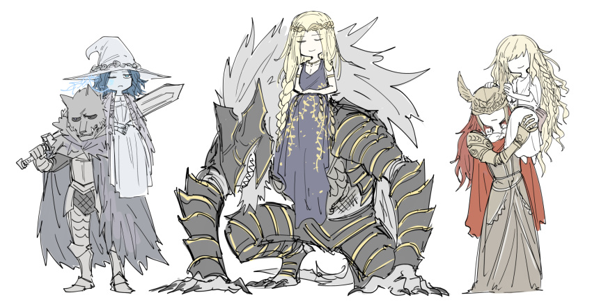 3boys, 3girls, armor, black_dress, blaidd_the_half-wolf, blonde_hair, blue_eyes, blue_hair