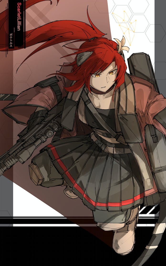 1girl, black_skirt, commentary, commission, english_commentary, fighting_stance, flower, gun, hair_flower, hair_ornament, holding, holding_gun, holding_weapon, indie_virtual_youtuber, jacket, kankan33333, miniskirt, orange_eyes, parted_lips, pink_jacket, pleated_skirt, ponytail, redhead, rifle, scarlet_lillian, scope, skeb_commission, skirt, sniper_rifle, solo, weapon