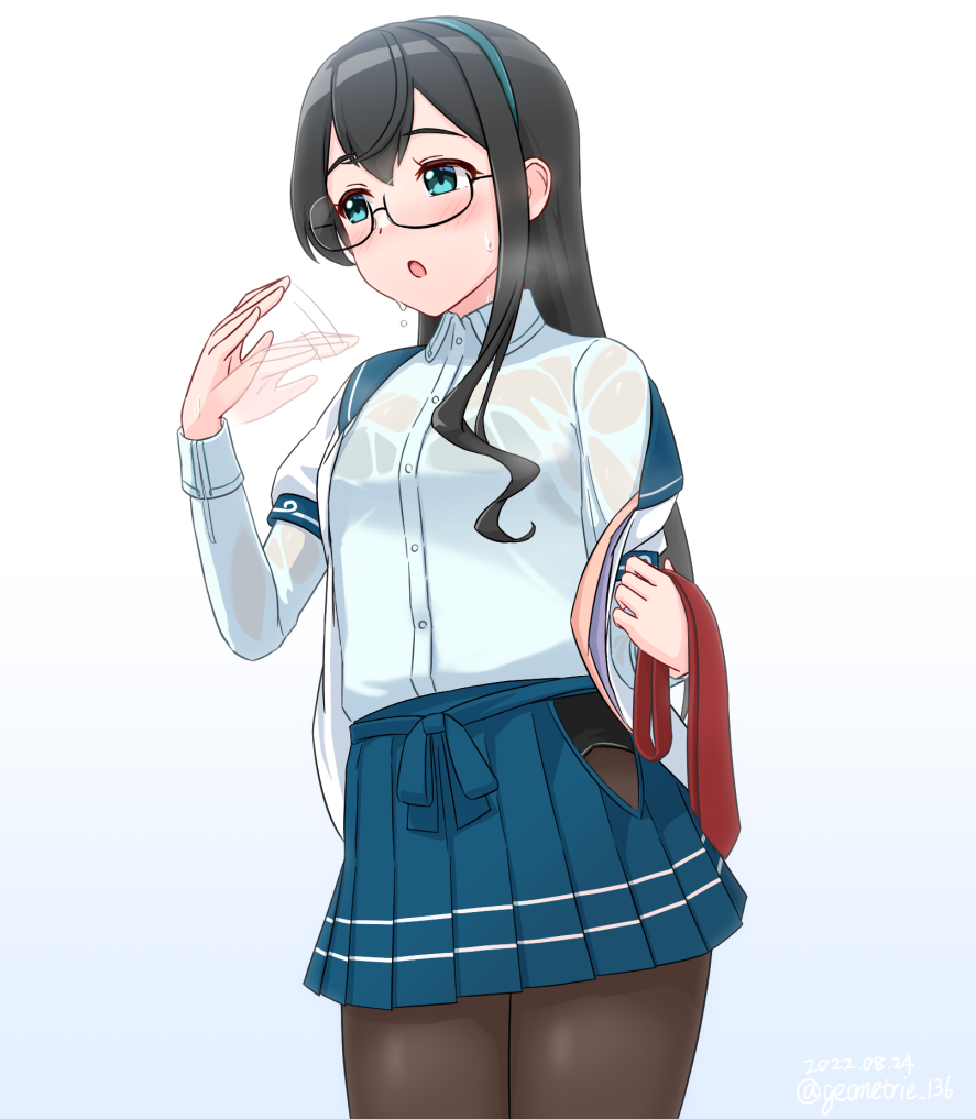 1girl, afterimage, aqua_eyes, black-framed_eyewear, black_hair, black_pantyhose, blue_shirt, blue_skirt