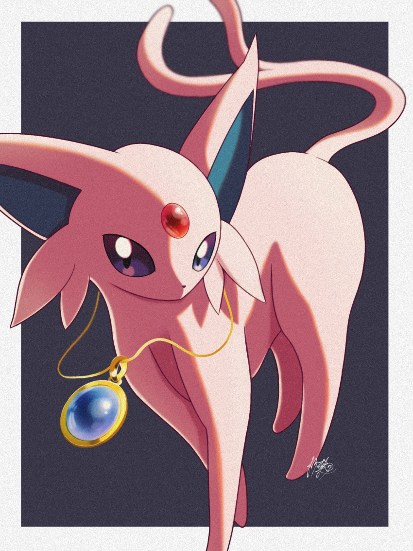 black_background, blurry, border, commentary_request, espeon, forked_tail, highres, jewelry