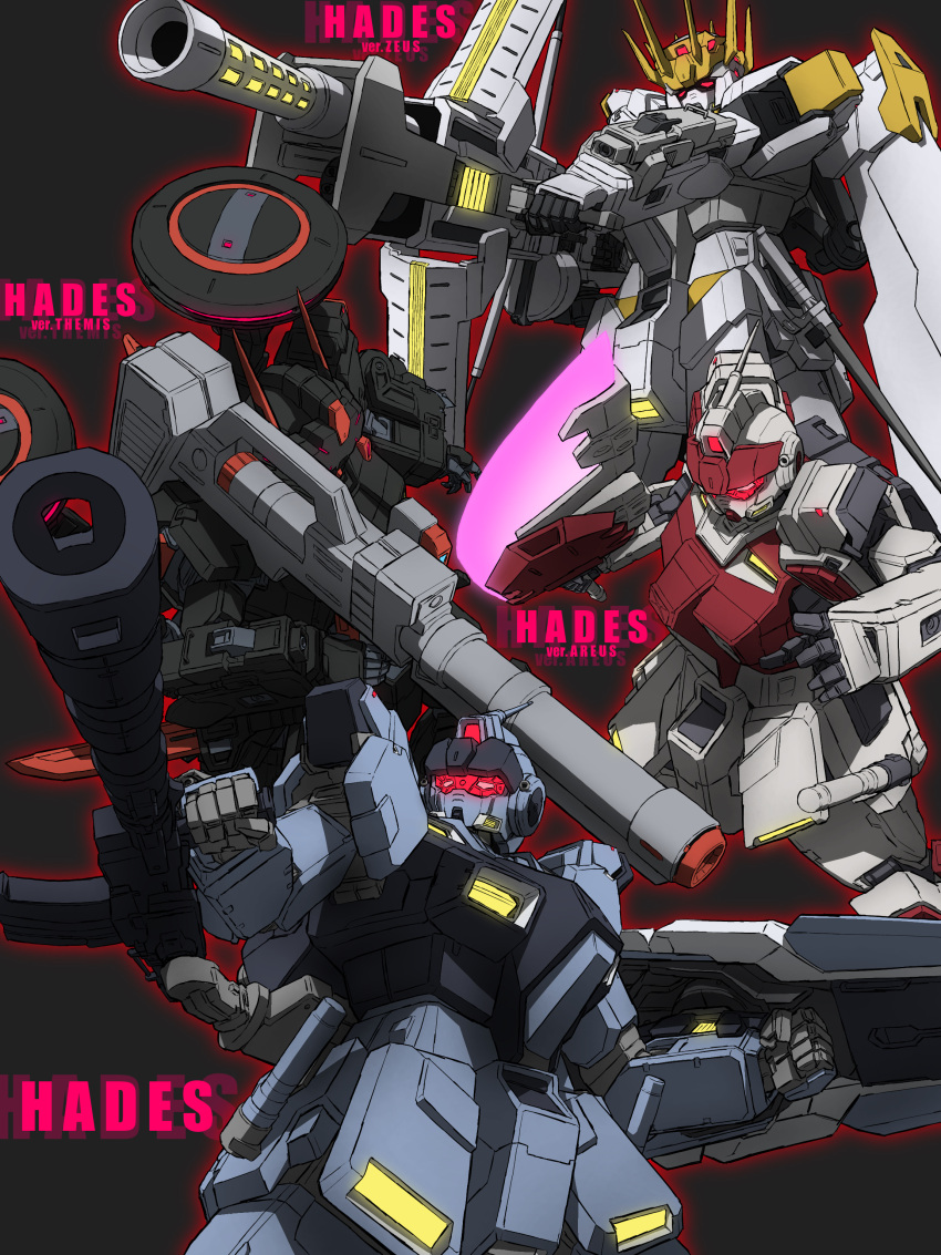 absurdres, black_background, black_rider_(mobile_suit), blue_eyes, green_eyes, gun, gundam, gundam_aggressor