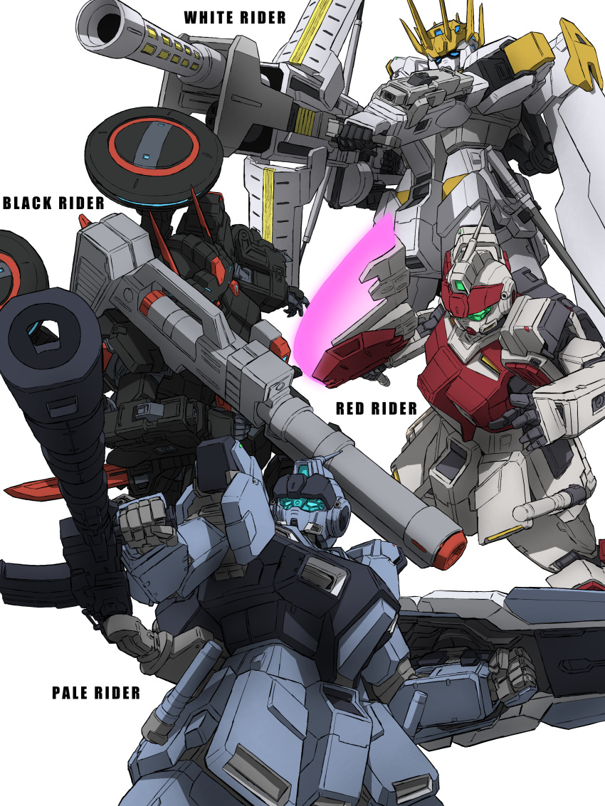 absurdres, black_rider_(mobile_suit), blue_eyes, character_name, green_eyes, gun, gundam, gundam_aggressor