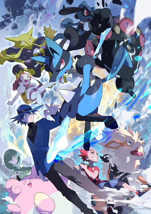 2boys, 3girls, :d, alakazam, arcanine, artist_name, black_dress, black_hair