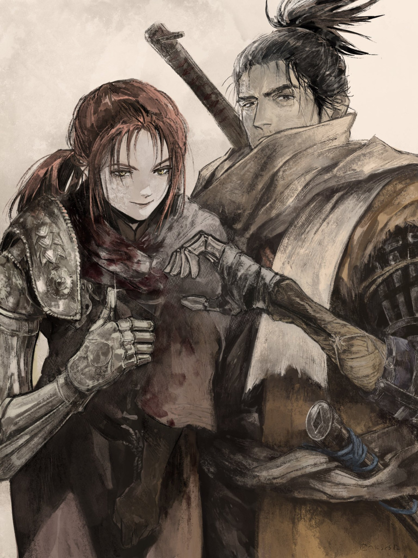 1boy, 1girl, amputee, black_hair, blood, cloak, closed_mouth, dress