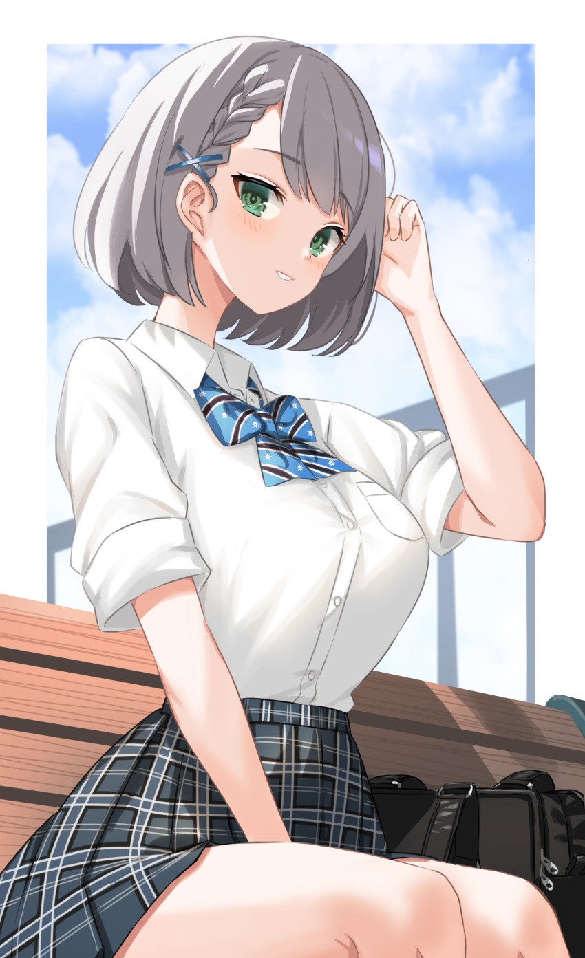 1girl, absurdres, bag, bench, between_legs, blue_bow, blush, bow, bowtie, braid, braided_bangs, breasts, clouds, cloudy_sky, collared_shirt, day, green_eyes, grey_hair, grey_skirt, hair_ornament, hand_between_legs, hand_in_own_hair, highres, hololive, large_breasts, looking_at_viewer, official_alternate_costume, outdoors, parted_lips, plaid, plaid_skirt, pleated_skirt, school_bag, school_uniform, shirogane_noel, shirt, short_hair, short_sleeves, single_braid, sitting, skirt, sky, smile, solo, striped, striped_bow, toui_penko, virtual_youtuber, white_shirt, x_hair_ornament