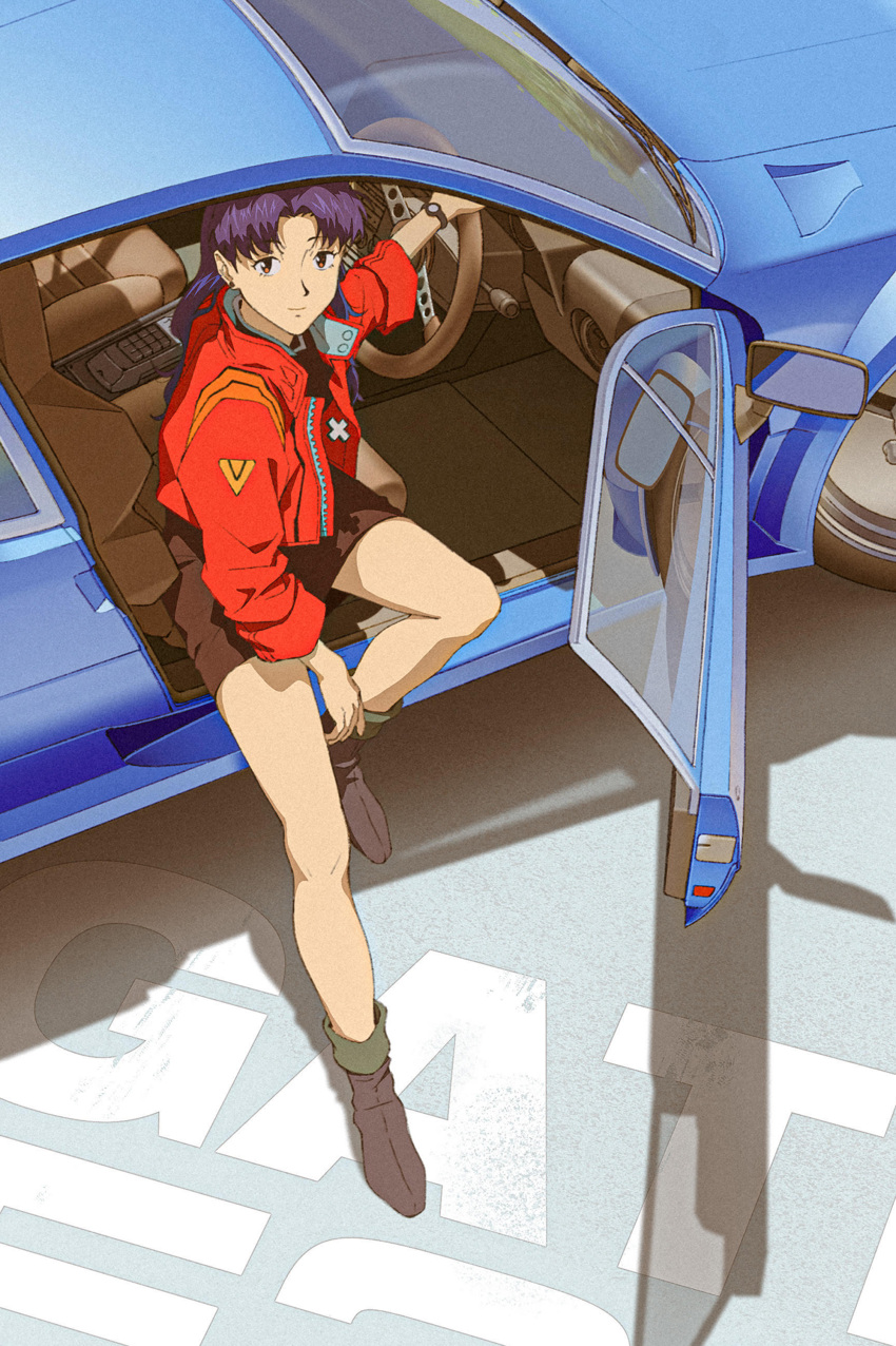 1girl, absurdres, arm_between_legs, black_dress, brown_eyes, brown_footwear, bysau, car