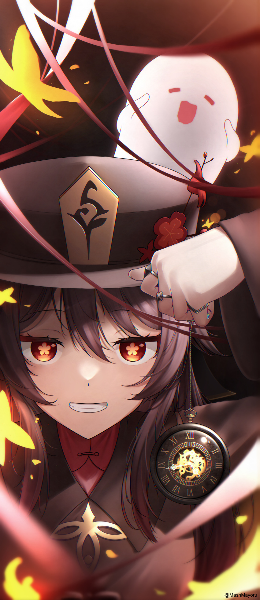 1girl, absurdres, bangs, boo_tao_(genshin_impact), brown_coat, brown_hair, bug, butterfly