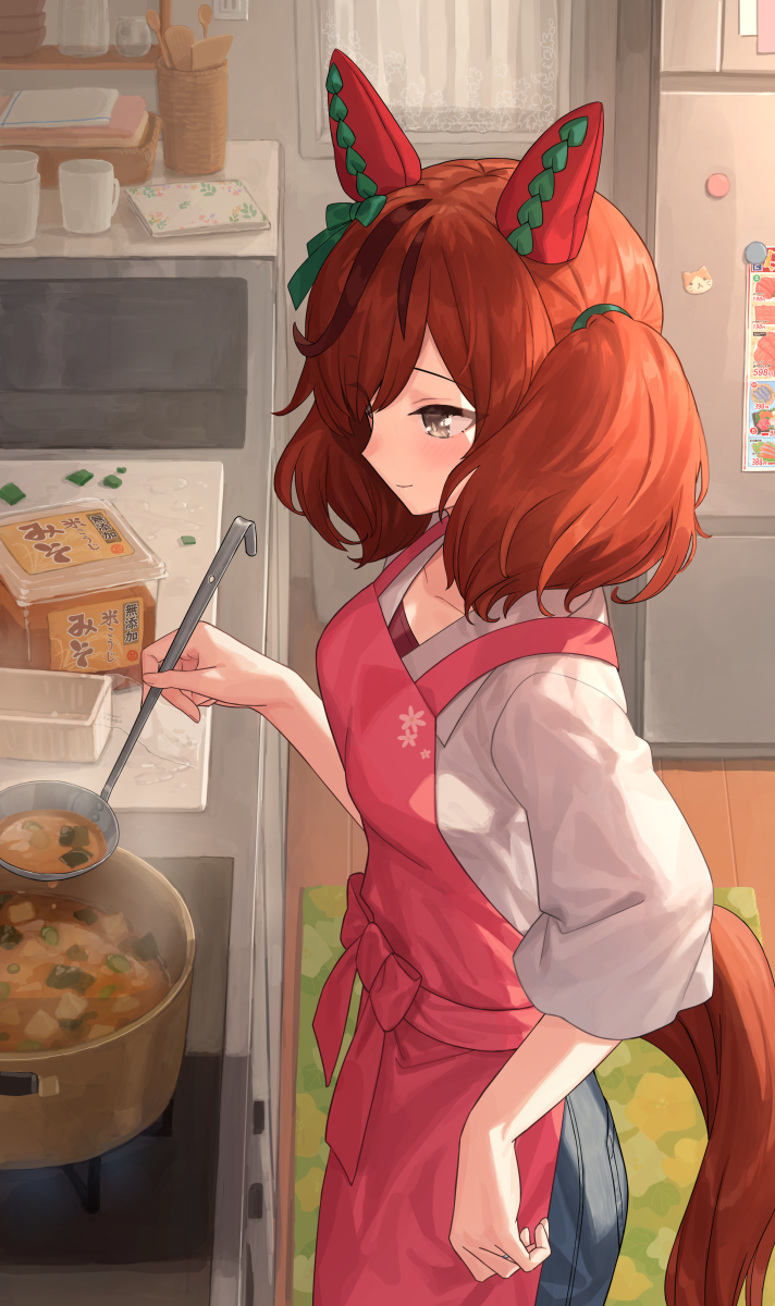 1girl, animal_ears, apron, bad_link, bangs, blush, box, breasts, chorefuji, closed_mouth, collarbone, container, cooking, cooking_pot, cup, cutting_board, food, from_side, grey_eyes, highres, holding, holding_ladle, horse_ears, horse_girl, horse_tail, housewife, indoors, jewelry, ladle, looking_down, nice_nature_(umamusume), pants, pink_apron, refrigerator, ring, shirt, sink, smile, solo, standing, steam, stock_pot, tail, twintails, umamusume, wedding_band, wooden_spoon
