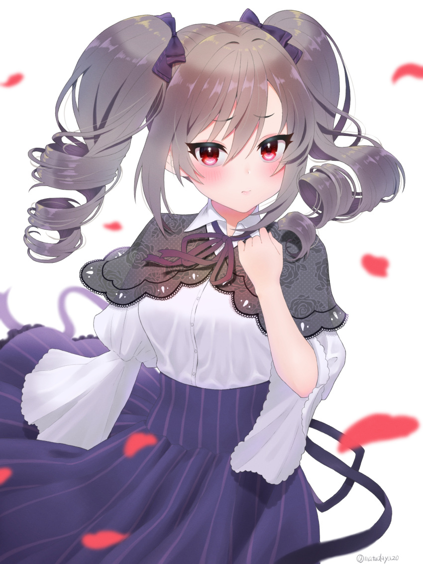 1girl, blush, breasts, buttons, capelet, closed_mouth, collared_shirt, drill_hair, grey_hair, hand_up, highres, idolmaster, idolmaster_cinderella_girls, kanzaki_ranko, long_hair, long_sleeves, looking_at_viewer, matuda_(matudayazo), neck_ribbon, petals, purple_skirt, red_eyes, ribbon, shirt, shirt_tucked_in, skirt, small_breasts, solo, twin_drills, twintails, twitter_username, upper_body, white_background, white_shirt