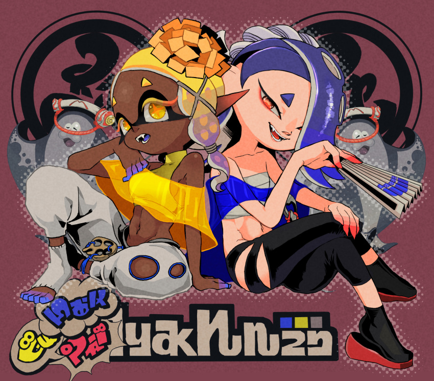 1boy, 2girls, bare_shoulders, big_man_(splatoon), black_background, black_pants, black_socks, blonde_hair