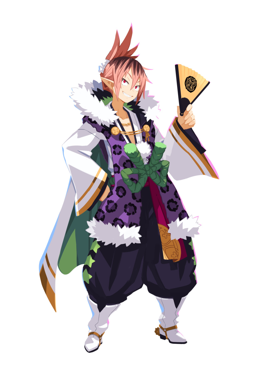 1boy, absurdres, animal_print, disgaea, folded_ponytail, folding_fan, full_body, fur_trim