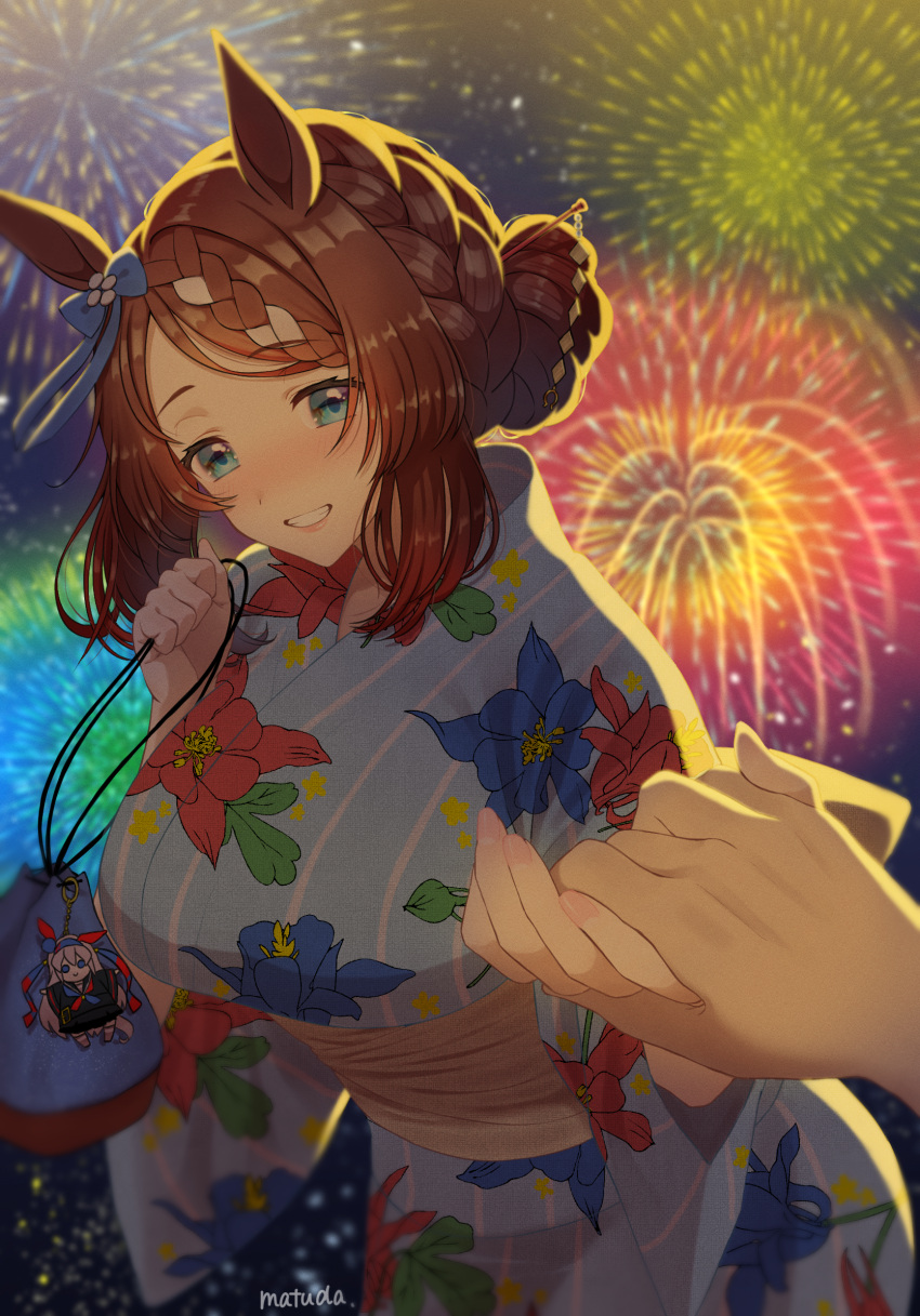 1girl, alternate_hairstyle, artist_name, bag, blue_eyes, blue_kimono, blurry, blush