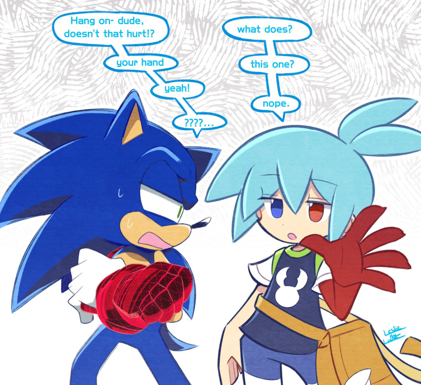 2boys, animal_nose, arm_up, bag, blue_eyes, blue_hair, blue_shirt, english_commentary, english_text, eyes_visible_through_hair, furry, furry_male, gloves, green_eyes, hair_between_eyes, half-closed_eyes, hand_on_own_arm, hatching_(texture), heterochromia, highres, leslietheluna, male_focus, medium_hair, multiple_boys, official_style, ponytail, puyopuyo, red_eyes, shirt, short_sleeves, sig_(puyopuyo), simple_background, sonic_(series), sonic_frontiers, sonic_the_hedgehog, speech_bubble, sweat, white_background, white_gloves, white_sleeves