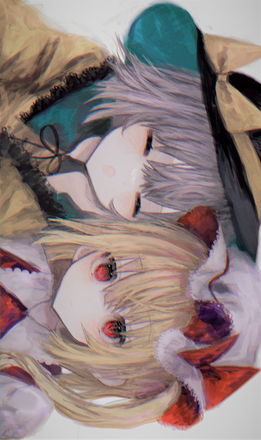 2girls, amagi, black_headwear, blonde_hair, bow, closed_eyes, exif_rotation, flandre_scarlet