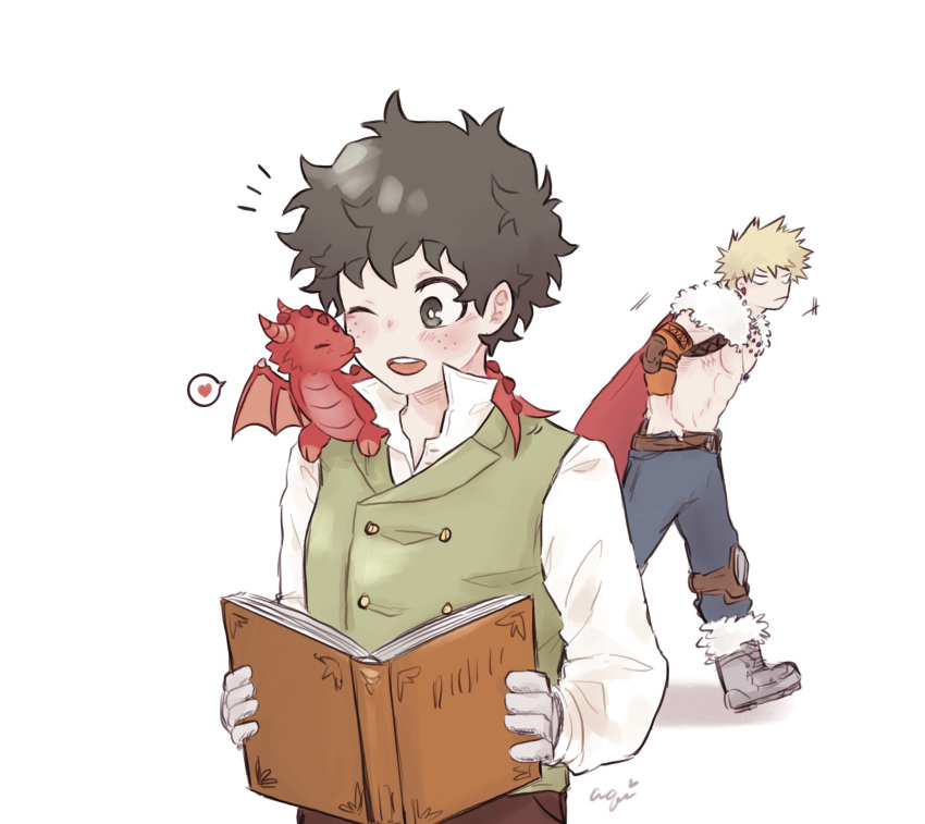 2boys, alternate_eye_color, alternate_hair_color, aqistory, bakugou_katsuki, belt, black_eyes, black_hair, blank_eyes, blonde_hair, blue_pants, boku_no_hero_academia, book, boots, cape, closed_mouth, commentary, dragon, dragon_on_shoulder, english_commentary, freckles, fur-trimmed_cape, fur_trim, gloves, green_vest, heart, highres, holding, holding_book, knee_pads, long_sleeves, looking_at_another, male_focus, midoriya_izuku, mini_dragon, multiple_boys, official_alternate_costume, one_eye_closed, open_mouth, pants, red_cape, shirt, short_hair, simple_background, spiky_hair, spoken_heart, standing, topless_male, vest, white_background, white_shirt