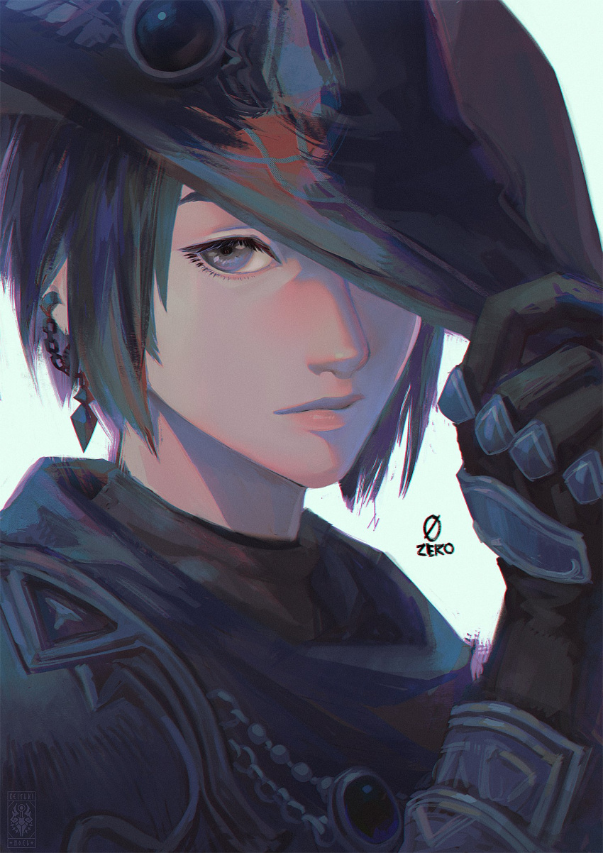 1girl, androgynous, artist_name, black_gloves, black_hair, black_headwear, blue_background, blue_eyes