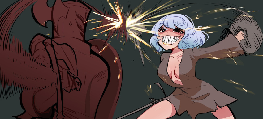 1girl, 1other, armor, black_eyes, blue_hair, breasts, buckler, centurii-chan_(artist), collarbone, commentary, crucible_knight, elden_ring, english_commentary, fighting, full_armor, grey_background, highres, holding, holding_shield, holding_sword, holding_weapon, medium_breasts, parrying, sharp_teeth, shield, short_hair, simple_background, smile, sweatdrop, sword, tarnished_(elden_ring), teeth, torn_clothes, weapon