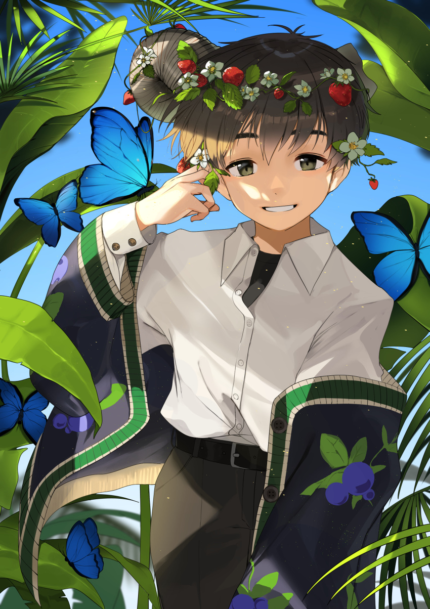 1boy, absurdres, animal_print, bangs, belt, black_belt, black_shirt, blonde_hair, blue_butterfly, blue_skirt, blue_theme, buckle, bug, butterfly, butterfly_on_hand, butterfly_print, child, collar, commentary, commentary_request, demon_boy, demon_horns, flower, flower_ring, green_eyes, hair_ornament, highres, horns, jjongjjongmk2, leaf, long_sleeves, looking_at_viewer, male_child, male_focus, original, outdoors, pants, shirt, short_hair, skirt, smile, solo, symbol-only_commentary, teeth, white_collar