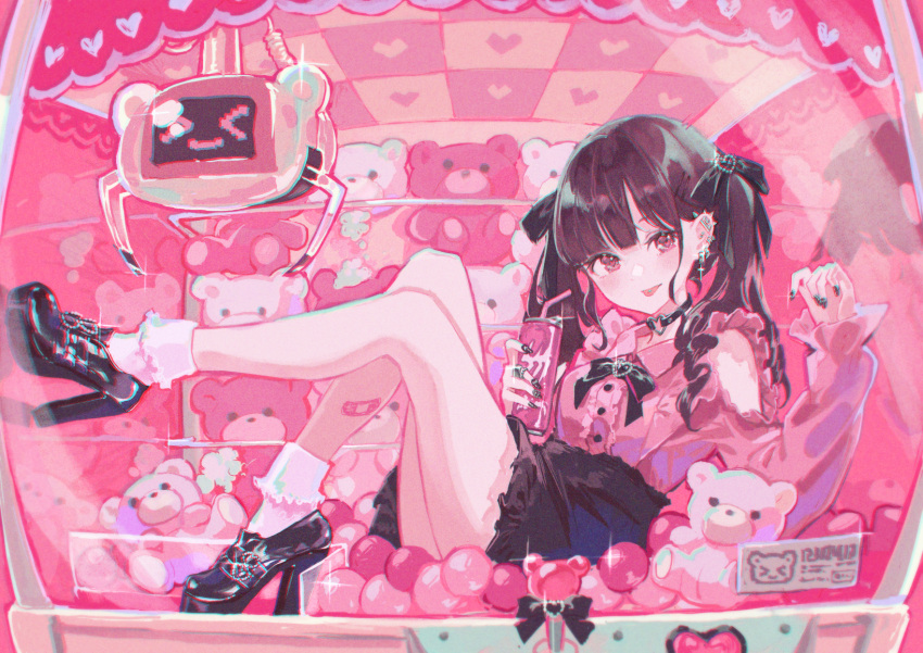1girl, bandaid, bandaid_on_leg, bangs, black_bow, black_footwear, black_nails, black_ribbon