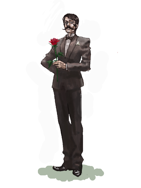 1boy, black_bow, black_bowtie, black_footwear, black_hair, black_suit, bow, bowtie, facial_hair, flower, formal, full_body, holding, holding_flower, kanno_ponta, long_sleeves, looking_at_viewer, male_focus, mustache, one-punch_man, pocket_square, shoes, simple_background, solo, spring_mustachio, standing, suit, white_background
