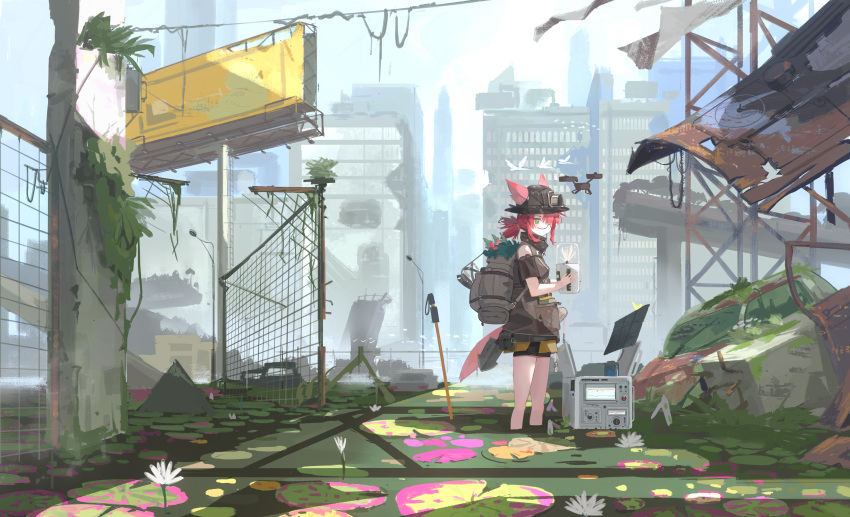 1girl, absurdres, arknights, backpack, bag, billboard, bird, black_shorts